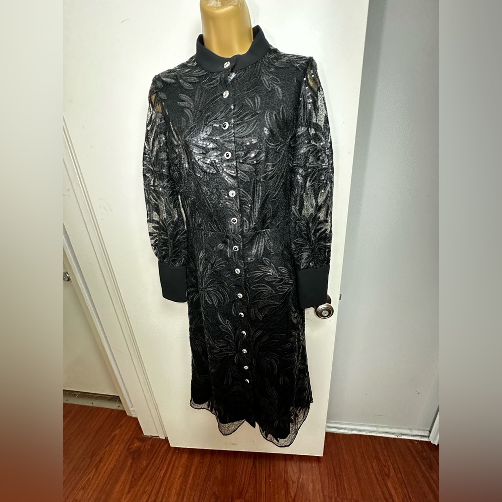 ECAILLE PARIS Black Sparky Sequin Long Sheer Sleeves Button Dress NWOT 4  *FLAW*